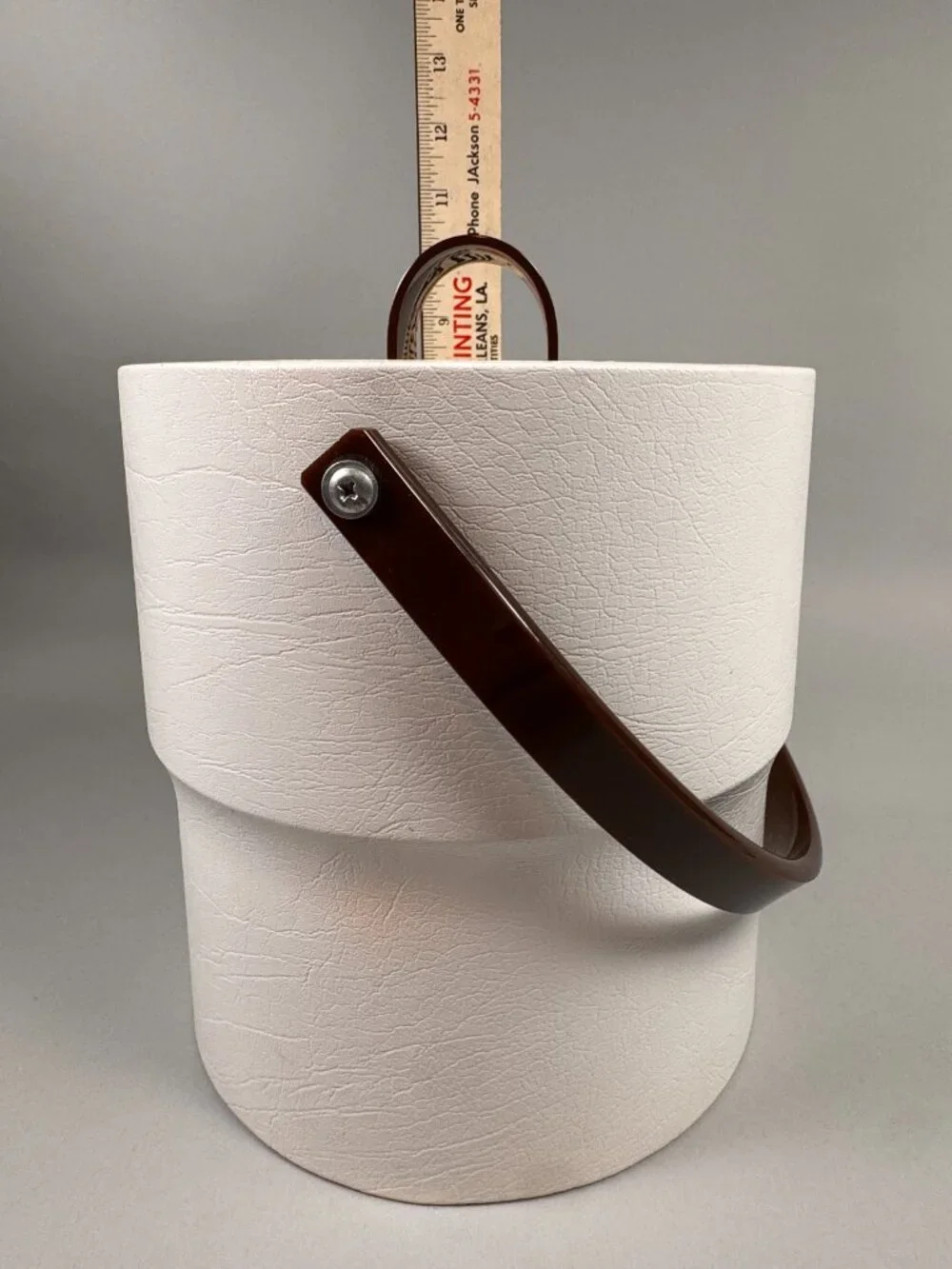 FAB VTG Bucket Brigade Ice Bucket – White Faux Leather & Lucite MCM Barware